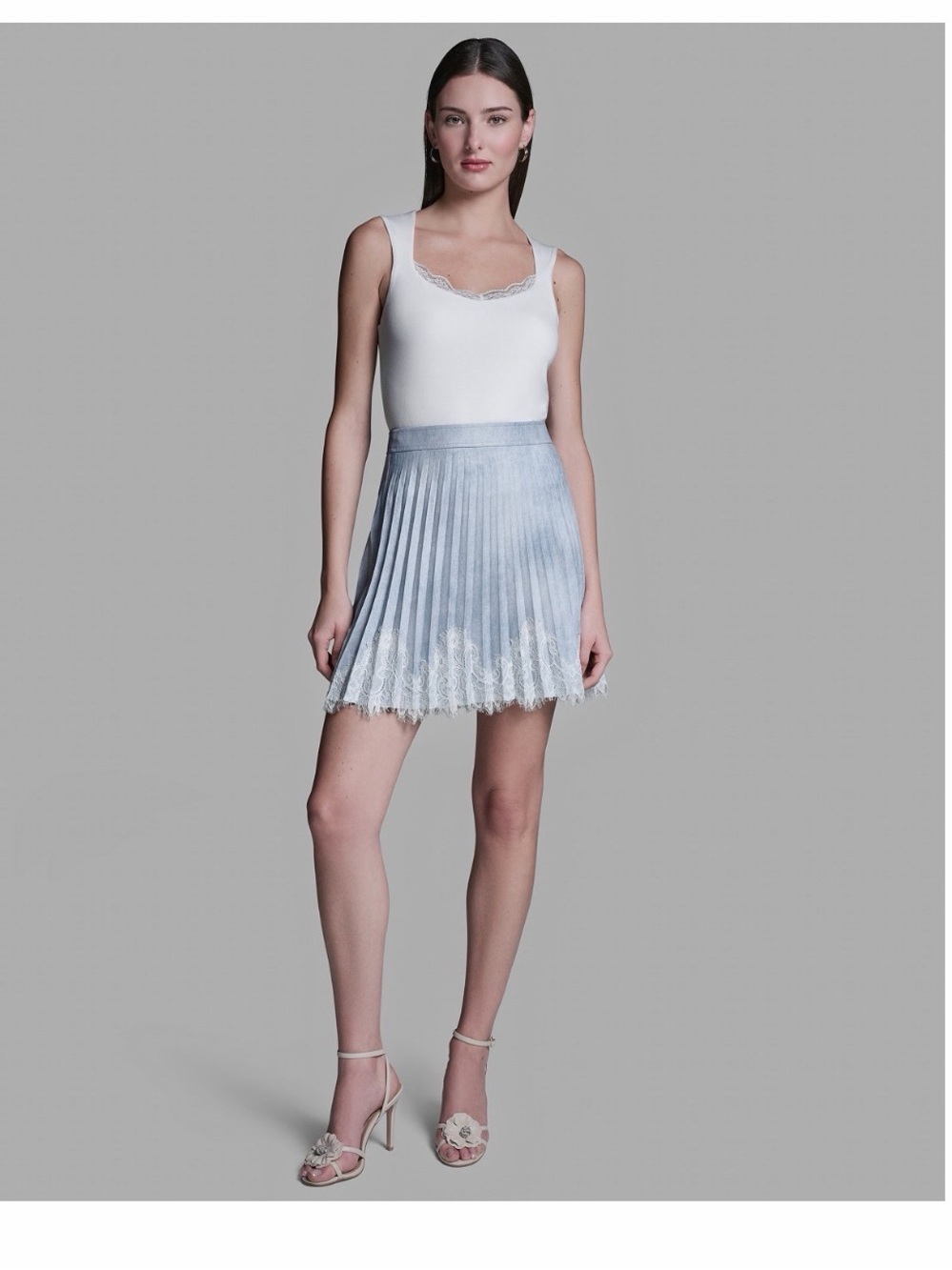 Light Blue Pleated Lace-Hem Skirt
